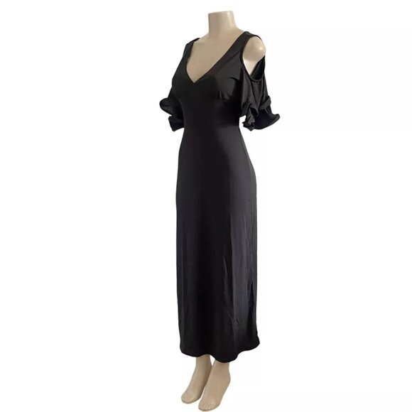 Women's Sultry V-Neck Flounce Sleeves Cold Shoulder Elegant Sexy Maxi Dress - Picture 4 of 6